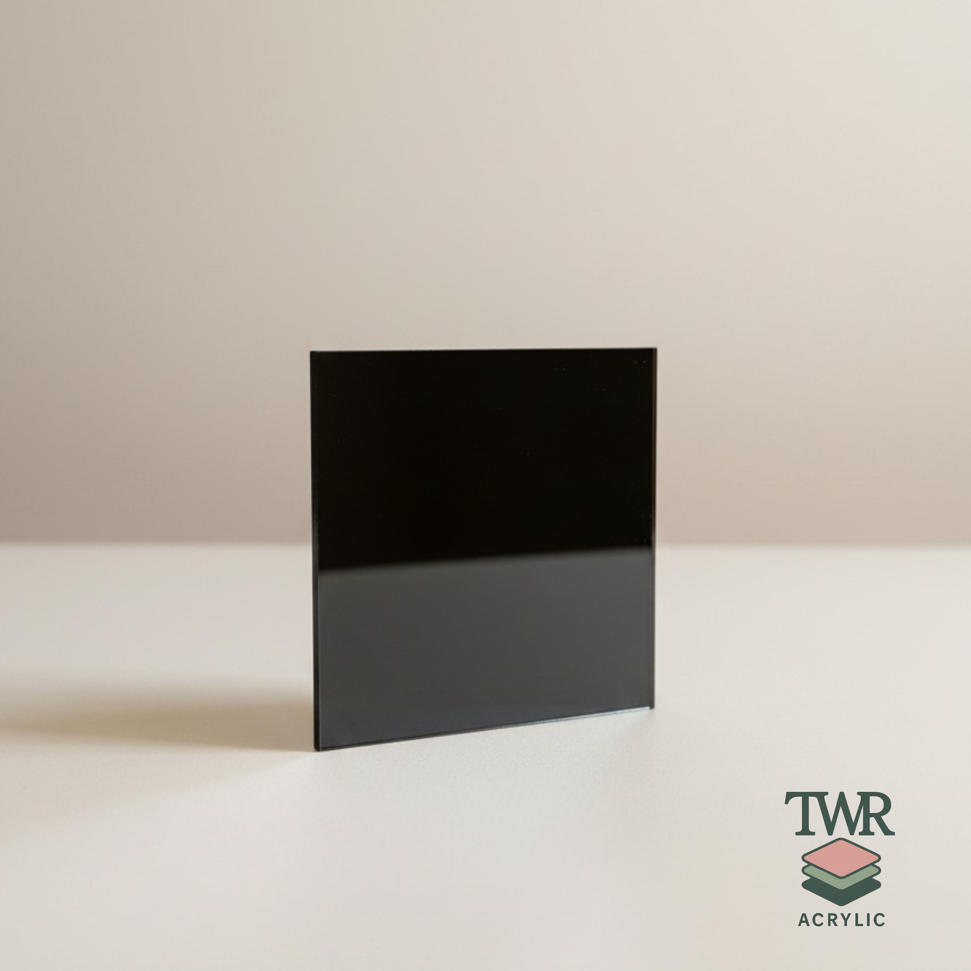 Black mirror acrylic sheet on a beige background with TWR Acrylic logo.
