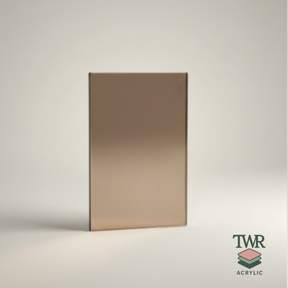 Bronze mirror acrylic sheet on a light gray background with TWR Acrylic logo.