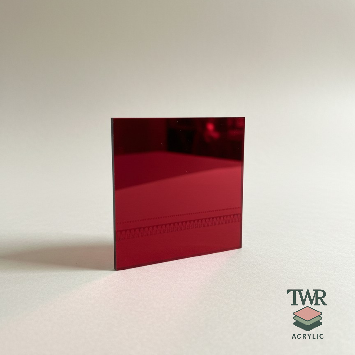 Burgundy Mirror acrylic sheet on a white background with TWR Acrylic logo.