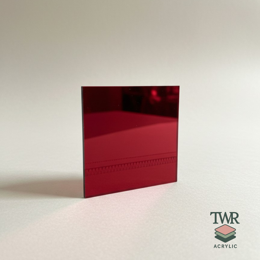 Burgundy Mirror acrylic sheet on a white background with TWR Acrylic logo.