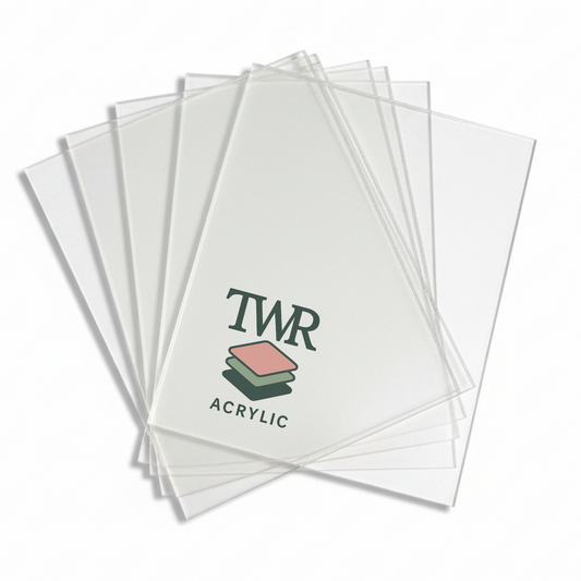 Stack of clear acrylic sheets with 'TWR Acrylic' branding on a white background