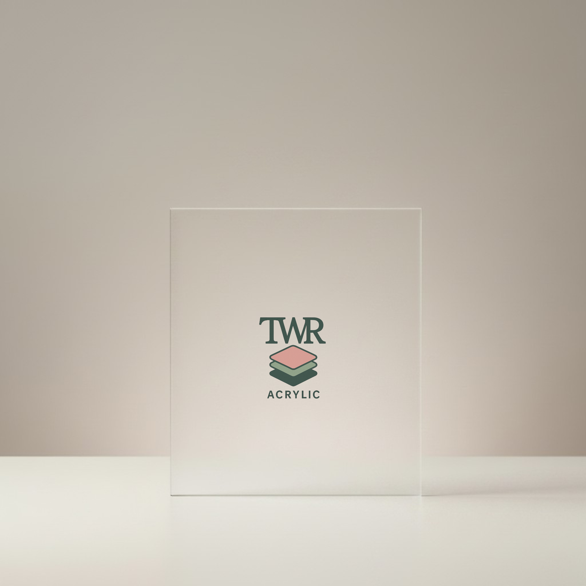 Clear frosted acrylic block with TWR Acrylic logo on a beige background