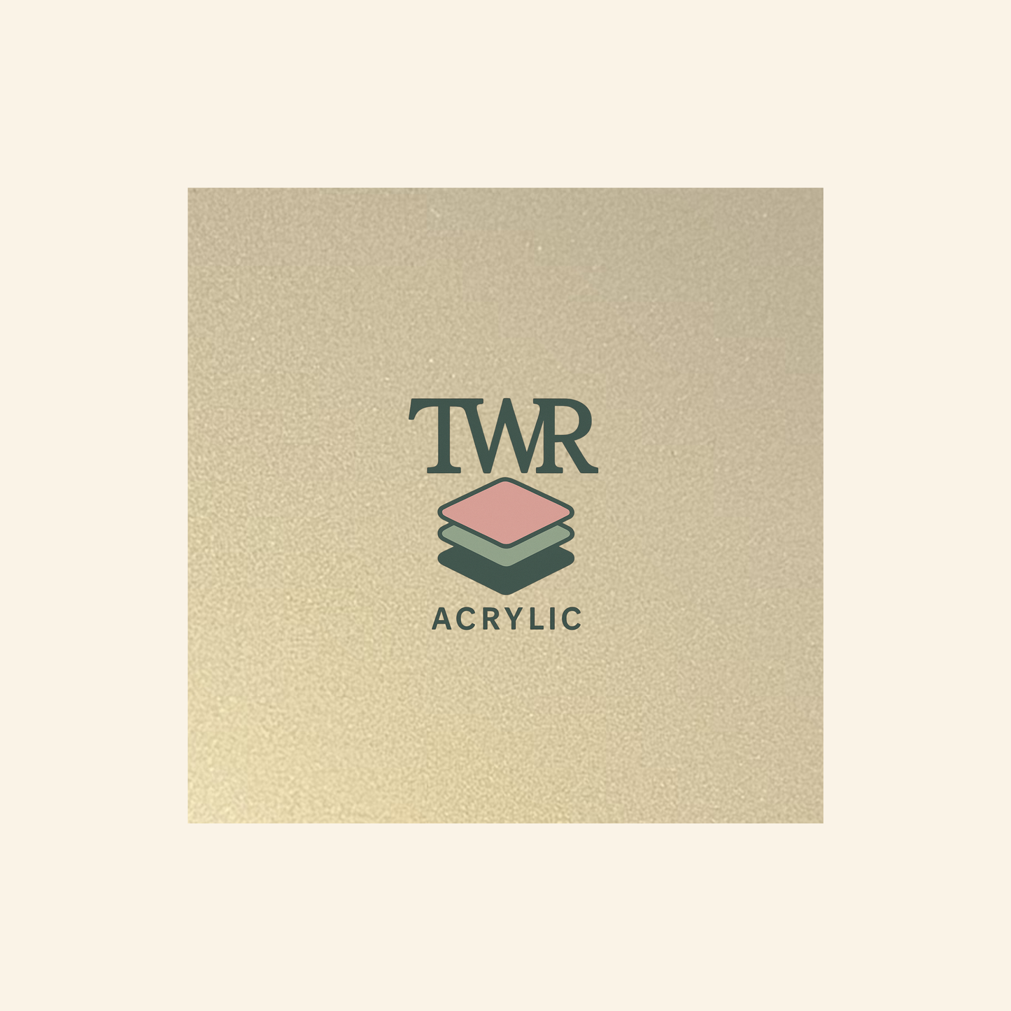 Golden white iridescent acrylic sheet TWR Acrylic logo on a beige background