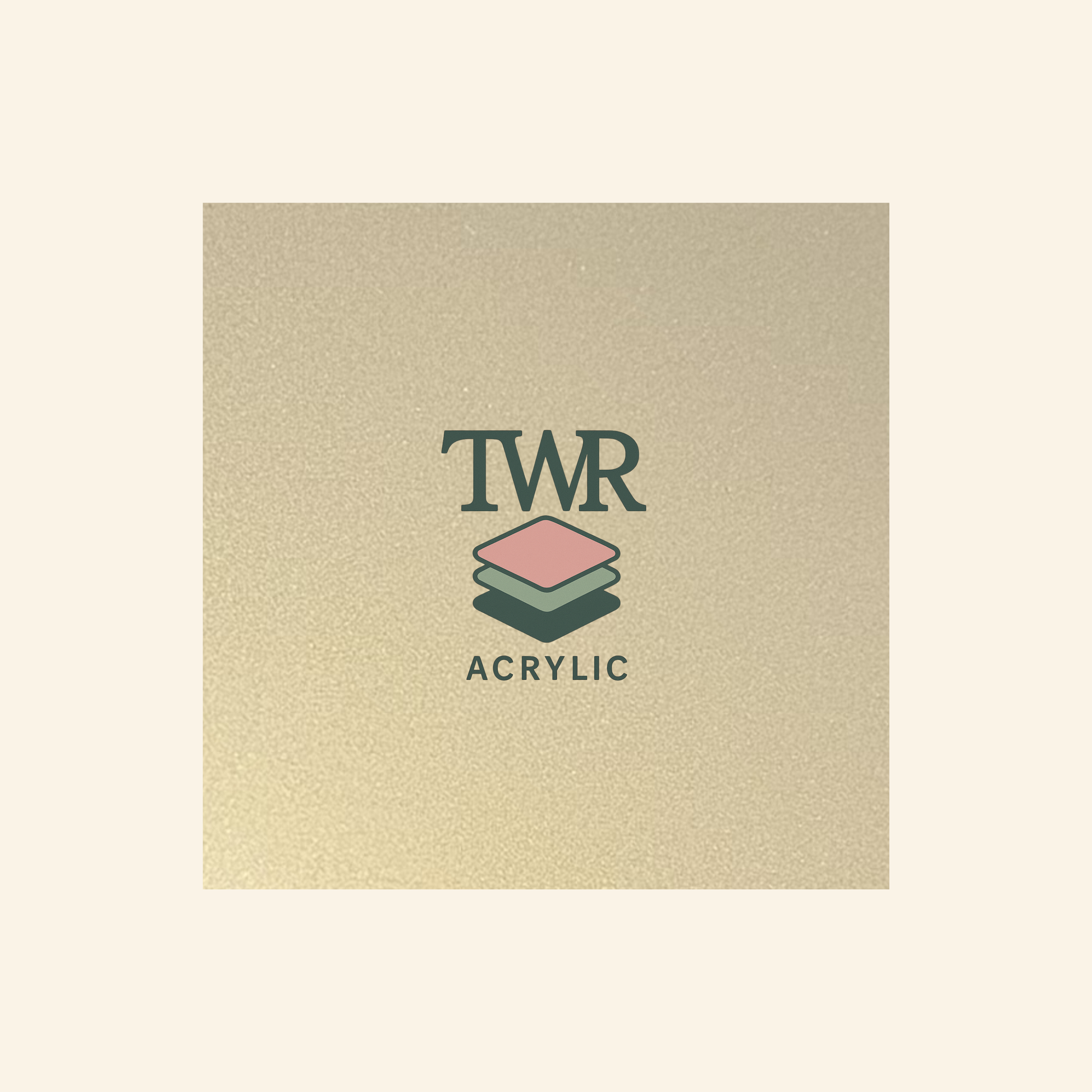 Golden white iridescent acrylic sheet TWR Acrylic logo on a beige background