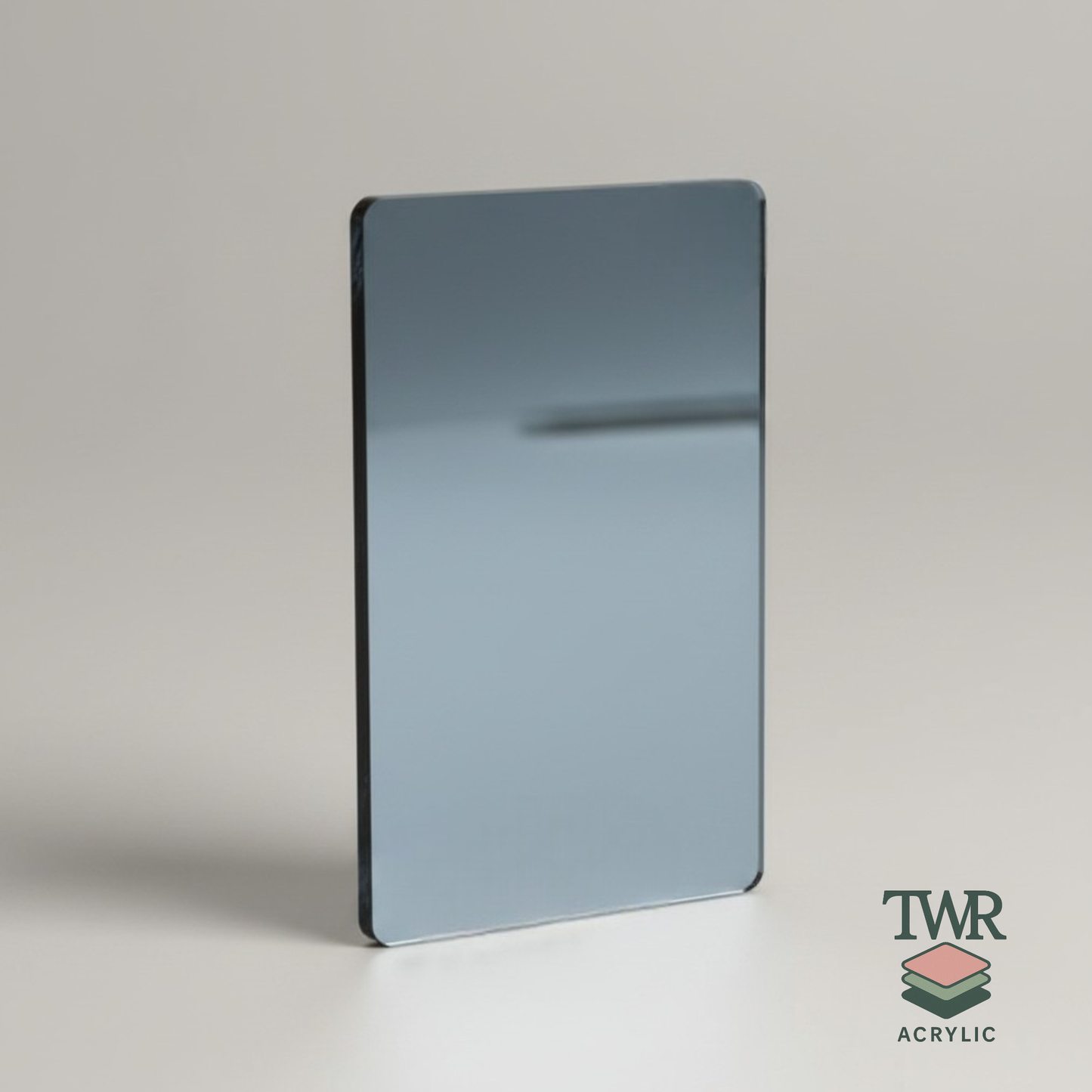 pewter mirror acrylic sheet on a gray background with TWR Acrylic logo.