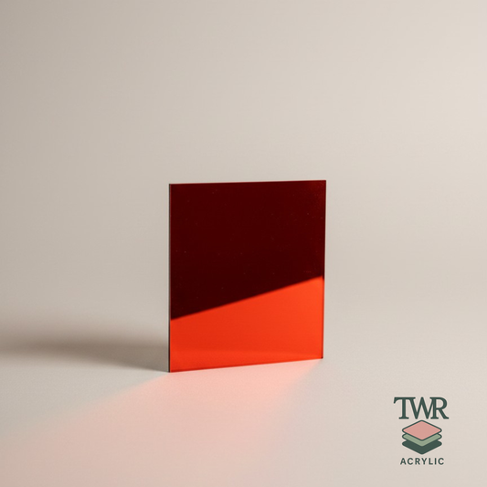 Red mirror acrylic sheet on a beige background with TWR Acrylic logo.