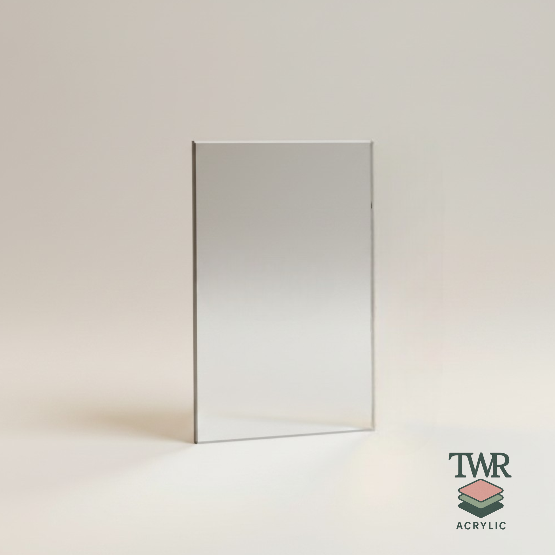silver mirror on a light beige background with TWR Acrylic logo.
