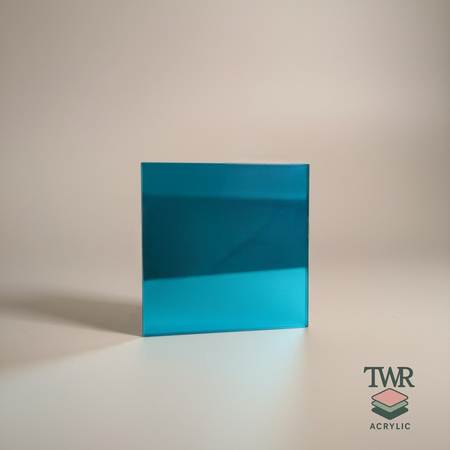 teal mirror acrylic sheet on a beige background with TWR Acrylic logo.