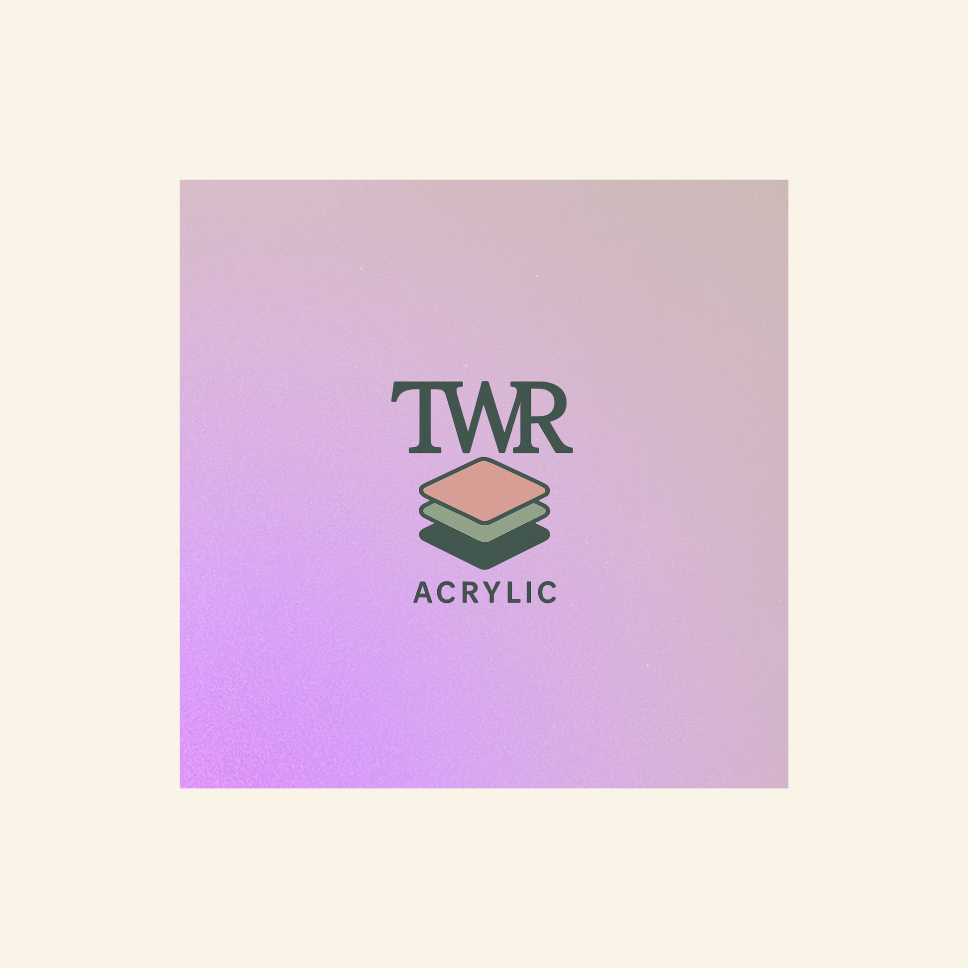 ultraviolet iridescent sheet on a beige background with 'TWR Acrylic' logo