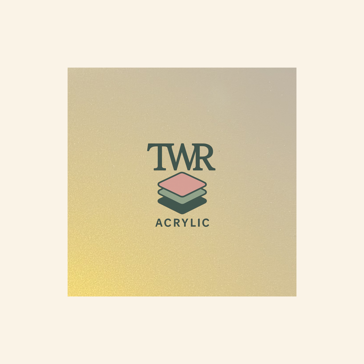 Yellow iridescent acrylic sheet with TWR Acrylic logo on a gradient beige and gold background