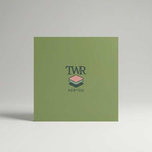 olive green acrylic sample with TWR Acrylic logo on a light gray background